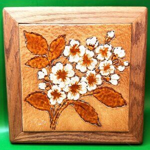 Semigres Italian Italy Floral Tile Trivet Wall Art Wood Frame VTG Brown White